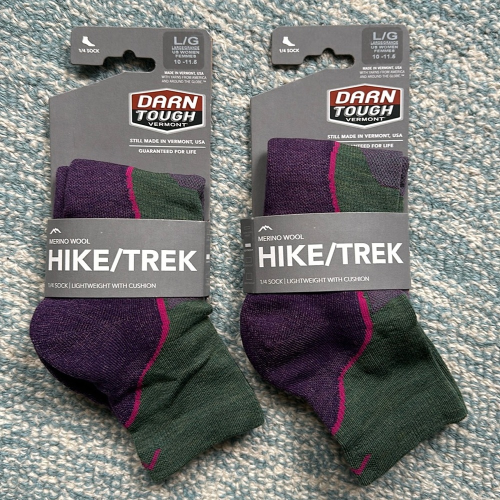2 PAIRS Darn Tough Women’s 1/4 Crew Hike/Trek Socks- LG (10-11.5) Green w/Purple